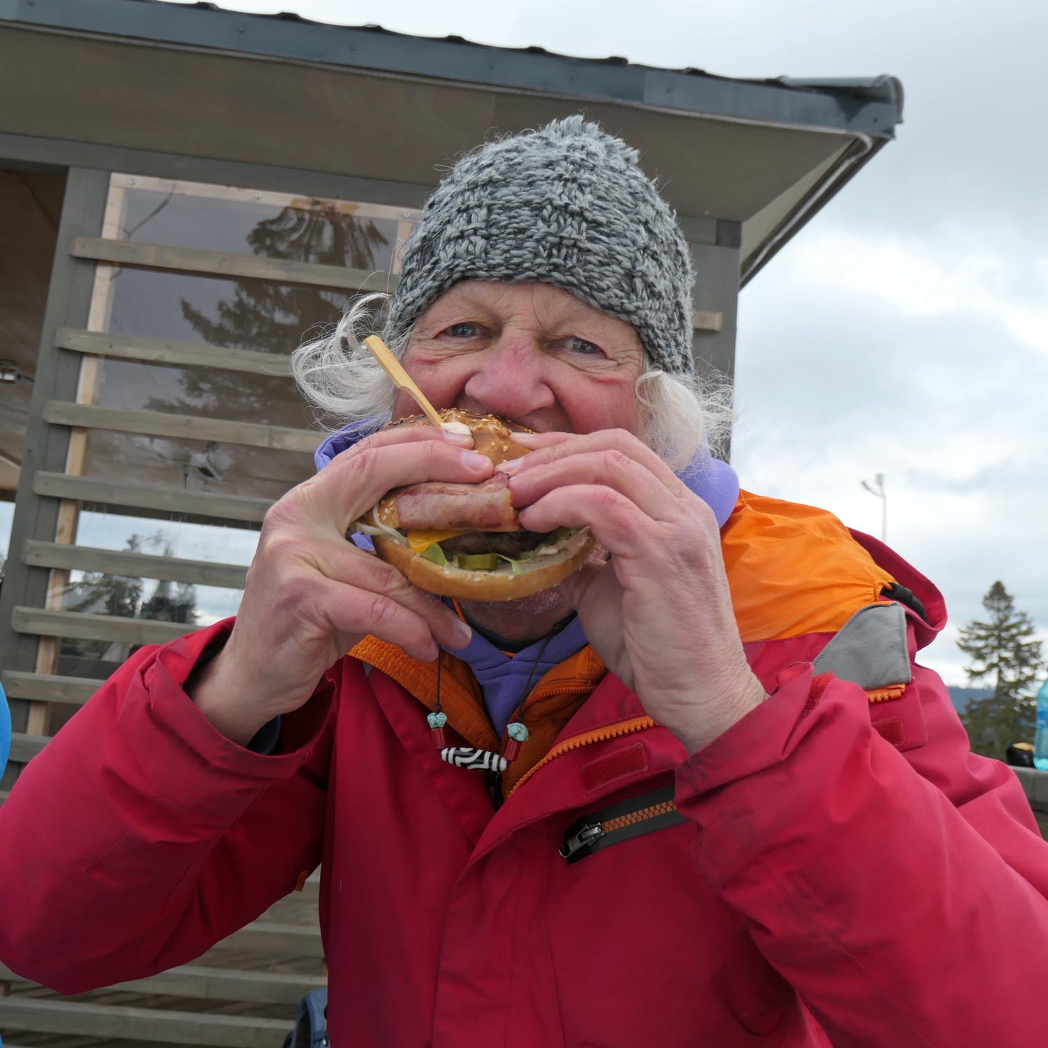 After skiing burger party in the bar Heliskiing in Romania